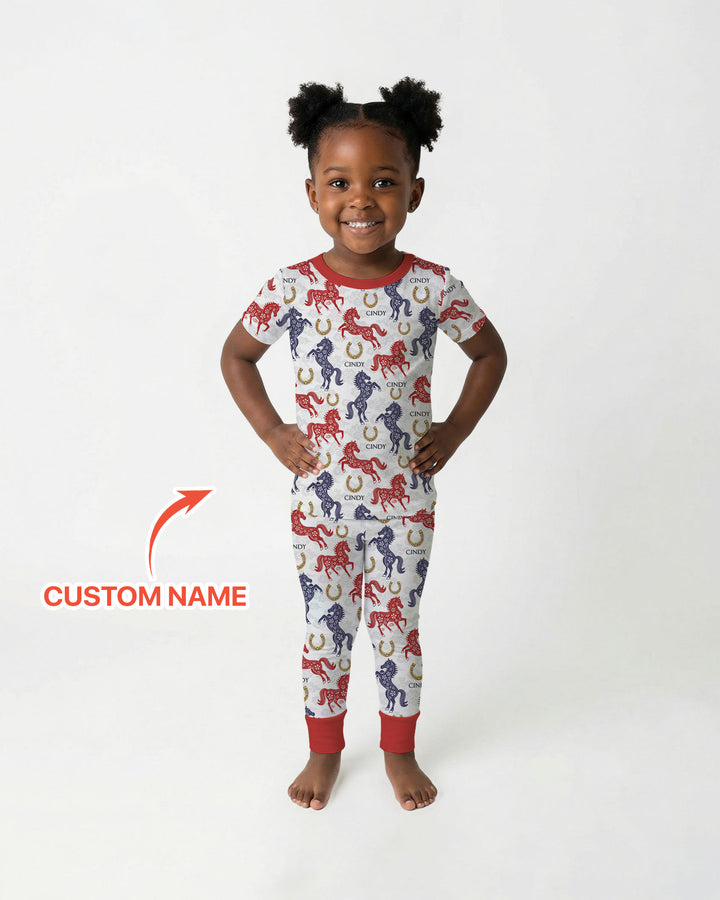 Custom Name Chinoiserie Horses Two Piece Short Sleeve Pajama Set