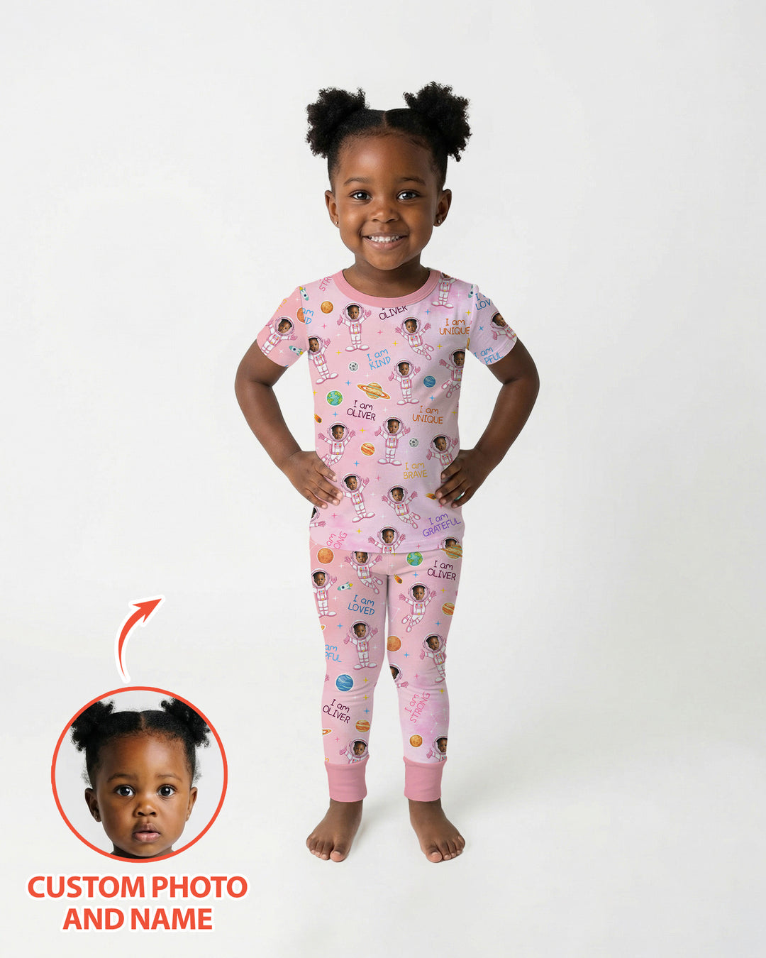 Custom Photo Kid Affirmations I Am Kind Astronaut Bamboo Two Piece Short Sleeve Shorts Pajama Set