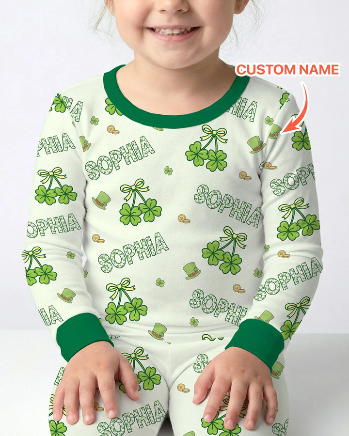 Custom Name Lucky Little Shamrock Two Piece Long Sleeve Pajama Set