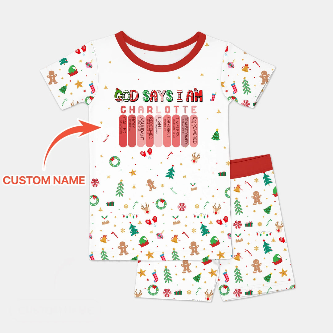 Christmas Blessings God Says I Am Custom Name Two Piece Short Sleeve Shorts Pajama Set , Christmas Blessings God Says I Am Custom Name Two Piece Short Sleeve Shorts Pajama Set - 12-18M