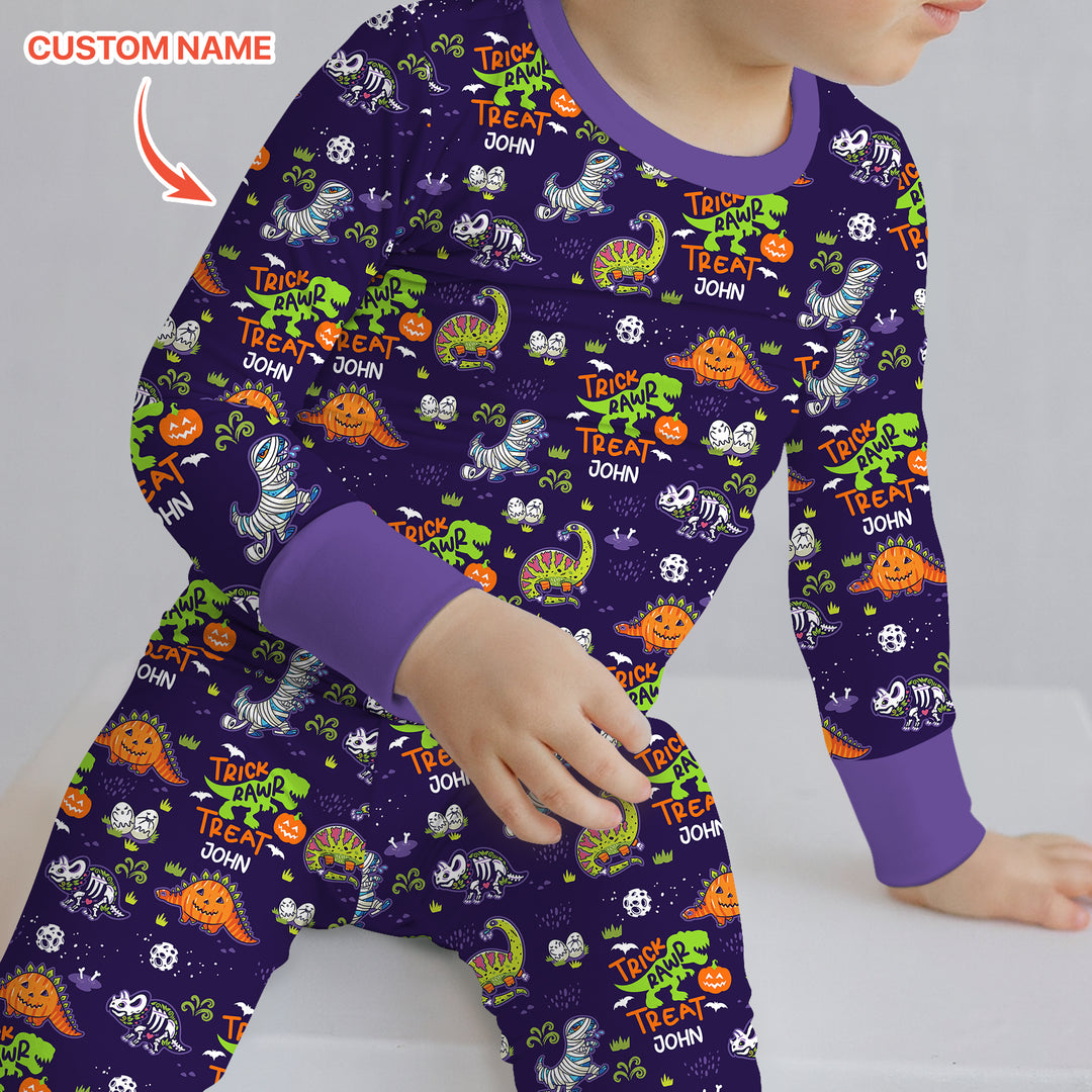 Trick Rawr Treat Custom Name Two Piece Long Sleeve Pajama Set