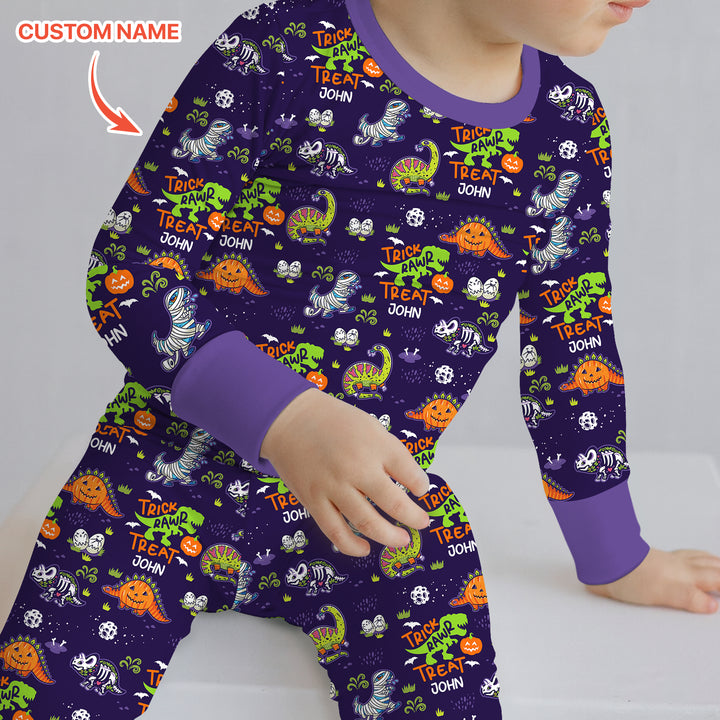 Trick Rawr Treat Custom Name Two Piece Long Sleeve Pajama Set