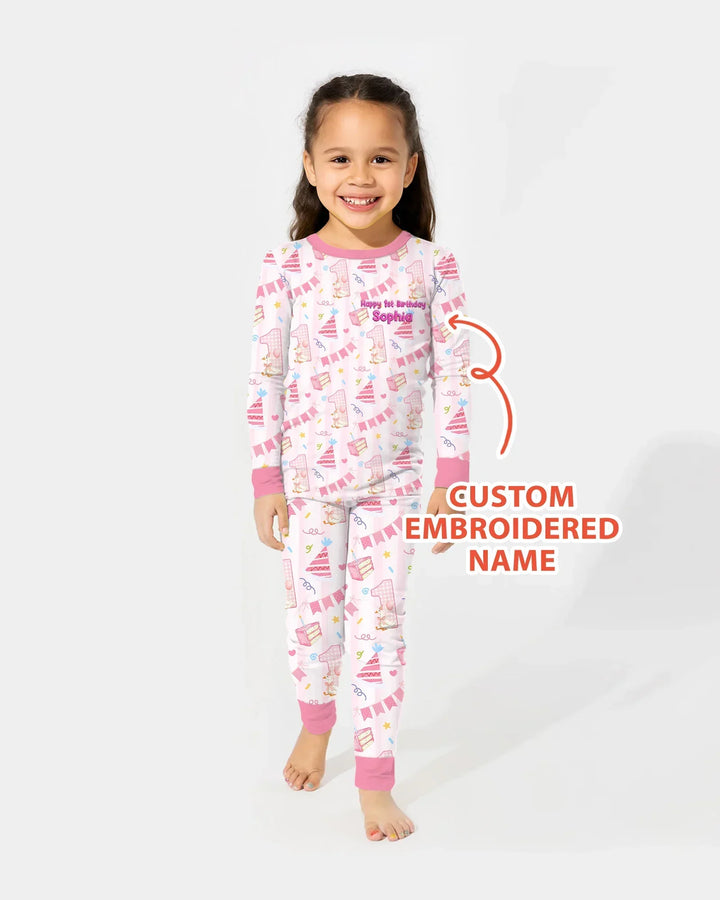 1st Birthday Girl Embroidered Baby Bamboo Two Piece Long Sleeve Pajama Set