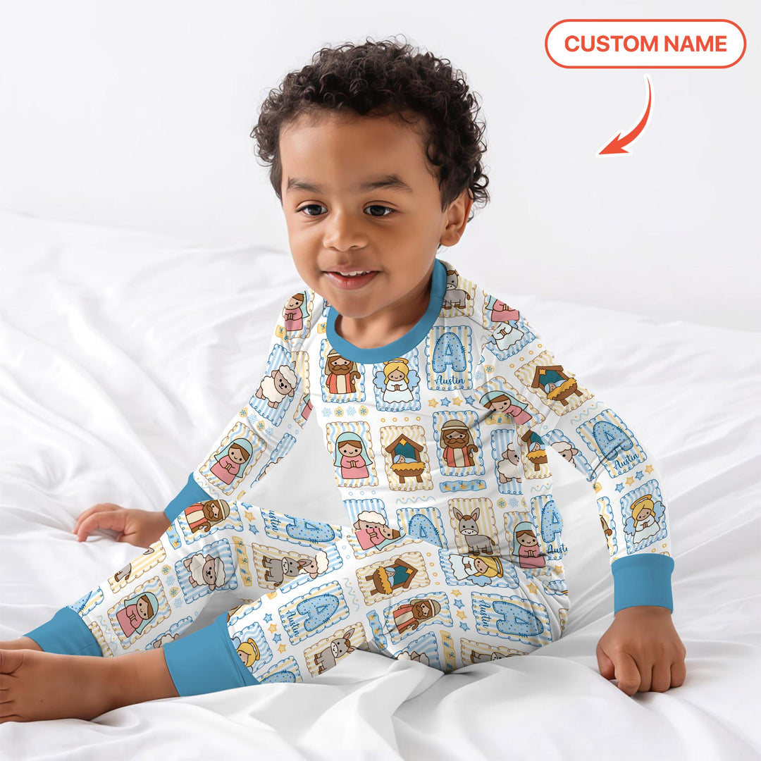 Custom Name Christmas Nativity Two Piece Long Sleeve Pajama Set