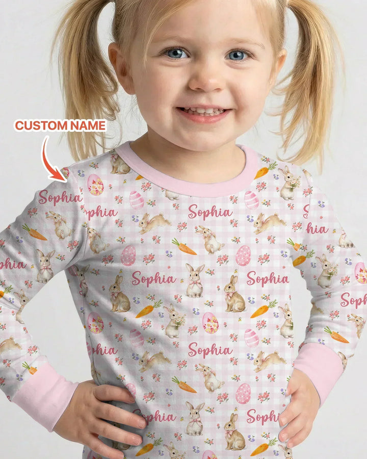 Custom Name Bunny Garden Two Piece Long Sleeve Pajama Set