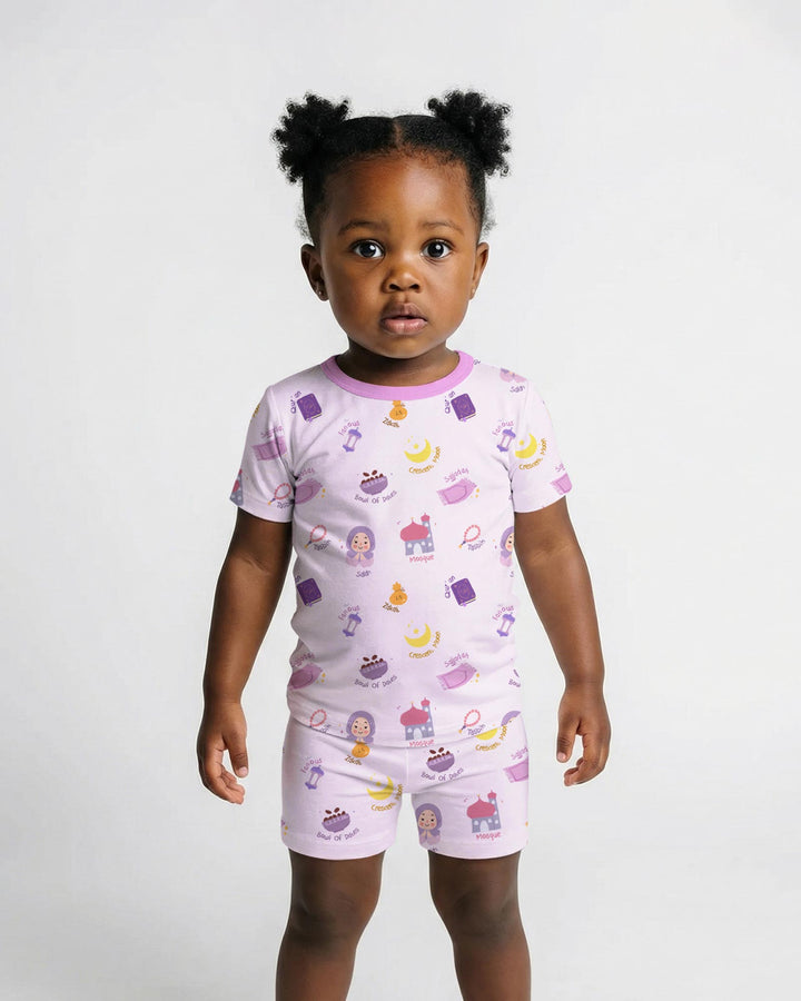Cute Ramadhan Mubarak Two Piece Short Sleeve Shorts Pajama Set