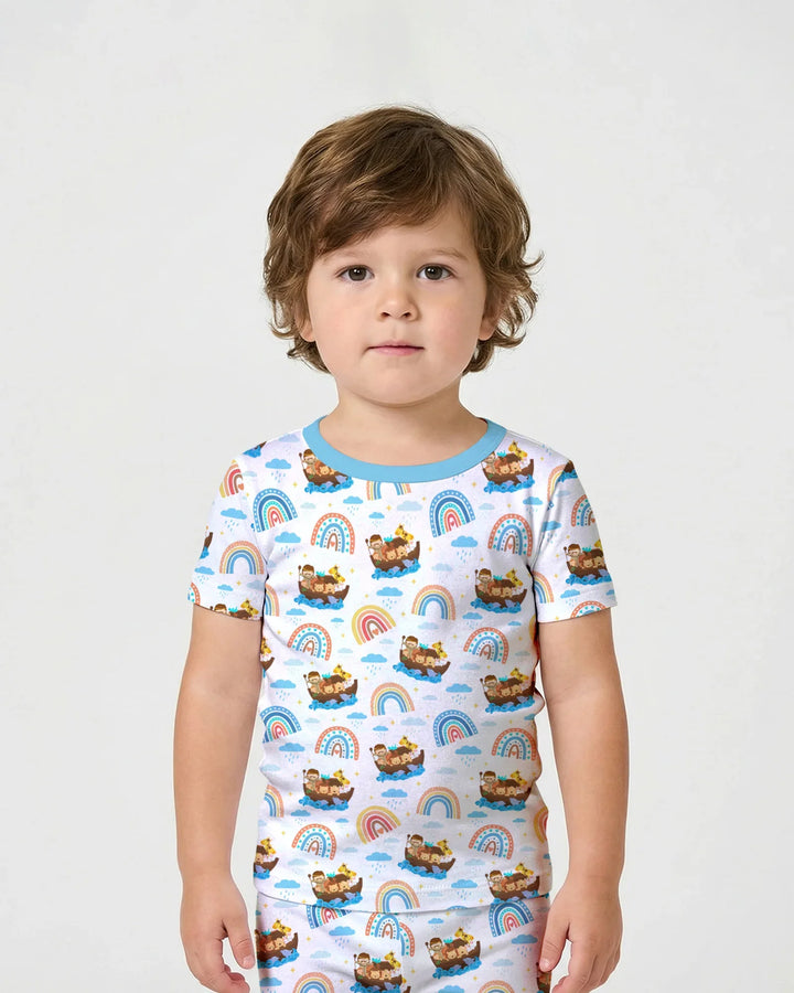 Conjunto de pijama de dos piezas de pantalón corto y manga corta "El Arca de Noé y la promesa del arcoíris de Dios"