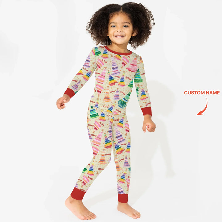 Personalized Twinkle Christmas Trees Two Piece Long Sleeve Pajama Set