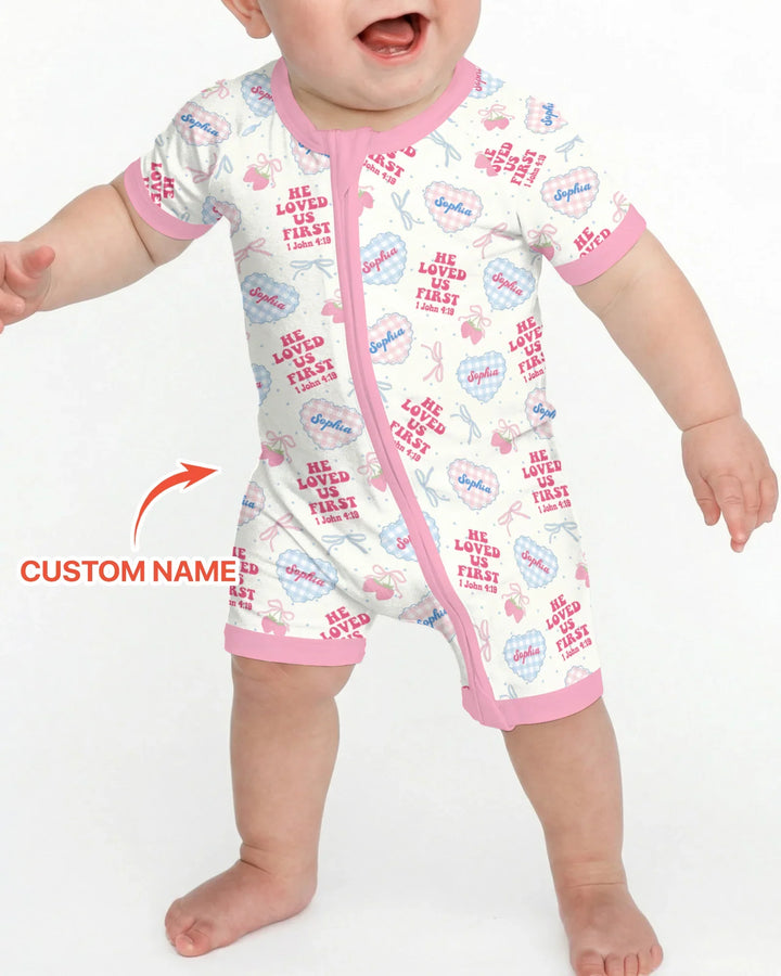 He Loved Us First Custom Name Bamboo Shorty Zippy