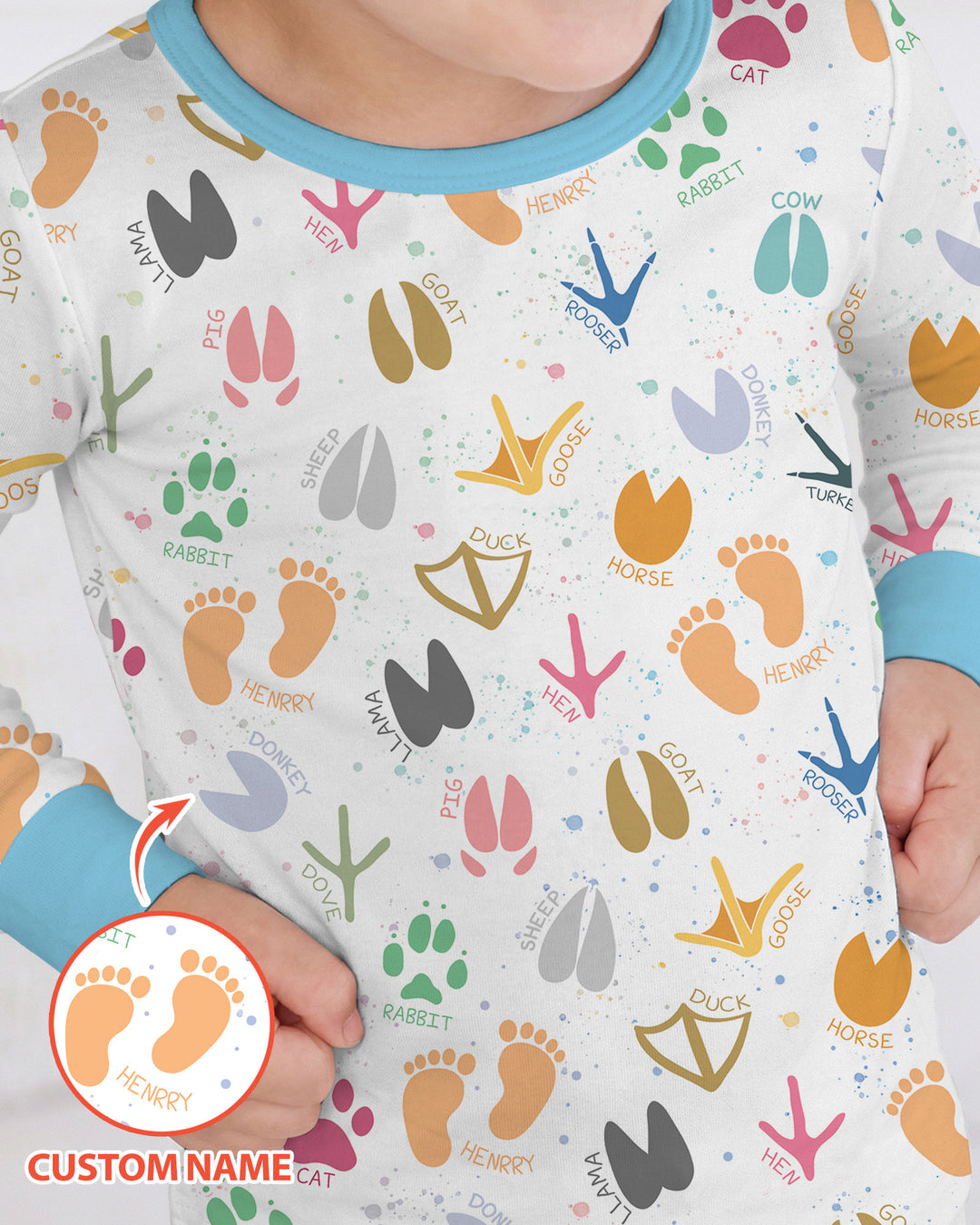 Cute Farm Animal Tracks Custom Name Bamboo Two Piece Long Sleeve Pajama Set