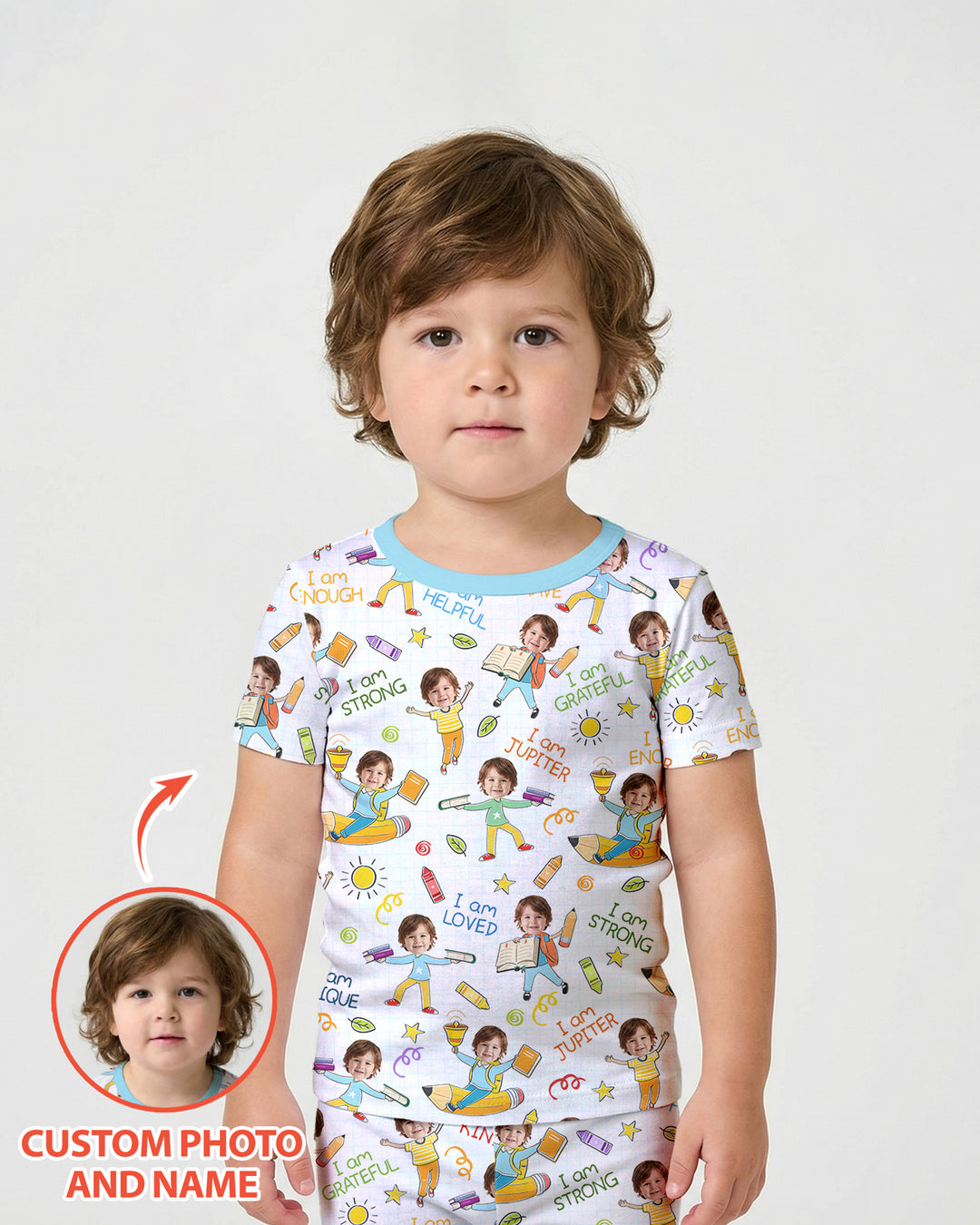 Custom Photo Kid Affirmations I Am Kind Bamboo Two Piece Short Sleeve Shorts Pajama Set