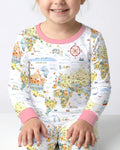 Conjunto de pijama de dos piezas de bambú de manga larga para toda la familia con estampado de mapamundi caprichoso