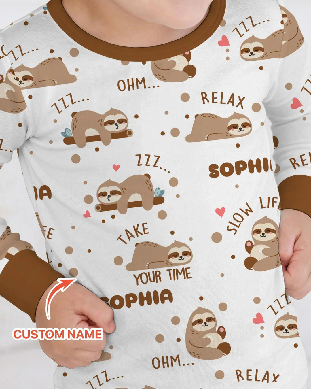 Custom Name Cute Sloth Two Piece Long Sleeve Pajama Set