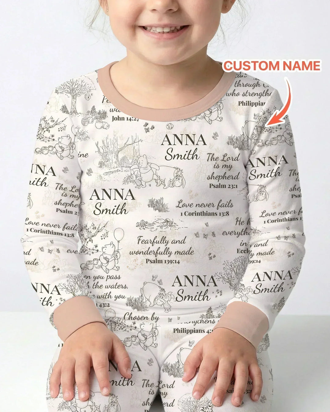Classic Bear Bible Verse Custom Name Bamboo Two Piece Long Sleeve Pajama Set