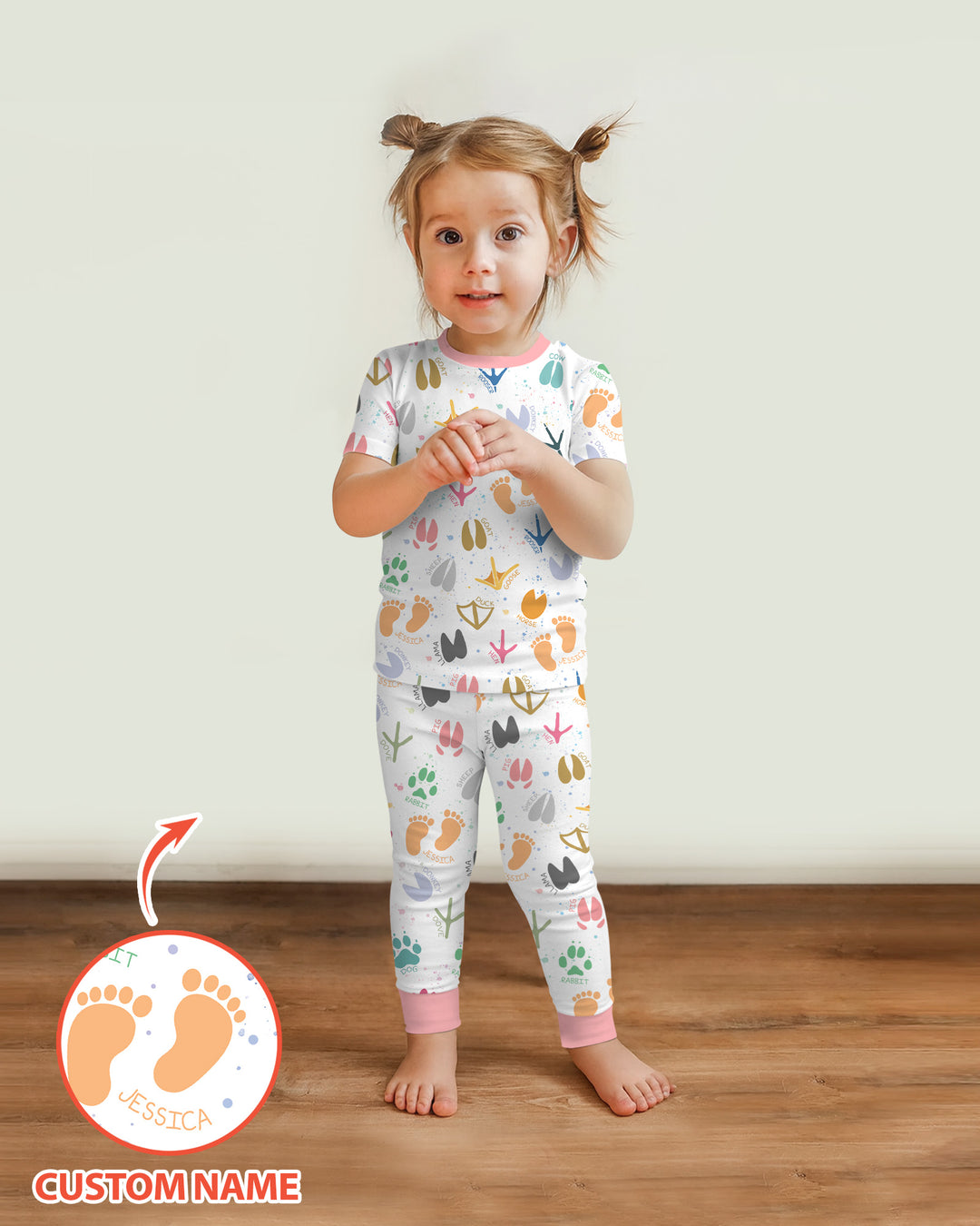 Cute Farm Animal Tracks Custom Name Bamboo Two Piece Short Sleeve Pajama Set
