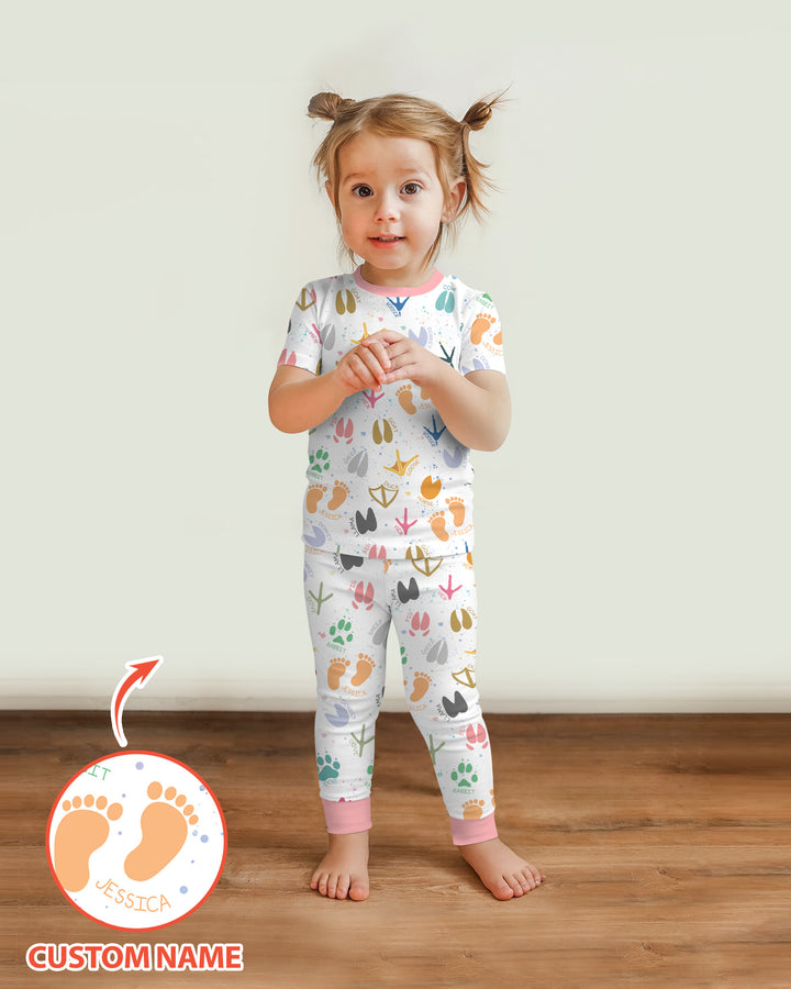 Cute Farm Animal Tracks Custom Name Bamboo Two Piece Short Sleeve Pajama Set