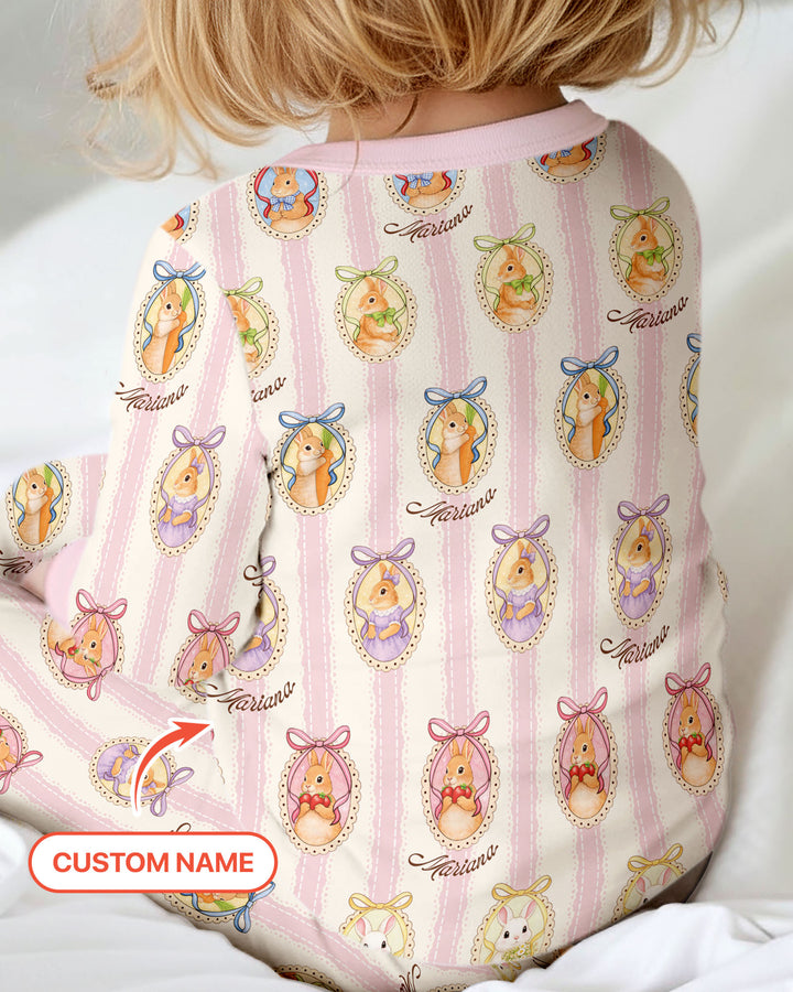 Custom Name Vintage Easter Bunny Two Piece Long Sleeve Pajama Set