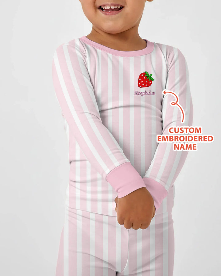 Pijama de dos piezas de bambú rosa con rayas bordado personalizado de manga larga para bebé