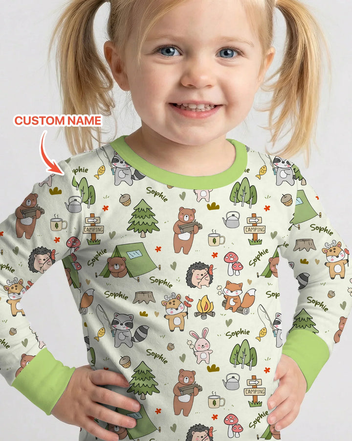Custom Name Little Camp Buddies Bamboo Two Piece Long Sleeve Pajama Set