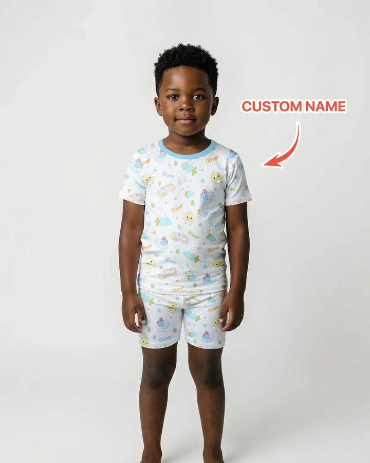 Custom name Happy Easter Two Piece Short Sleeve Shorts Pajama Set