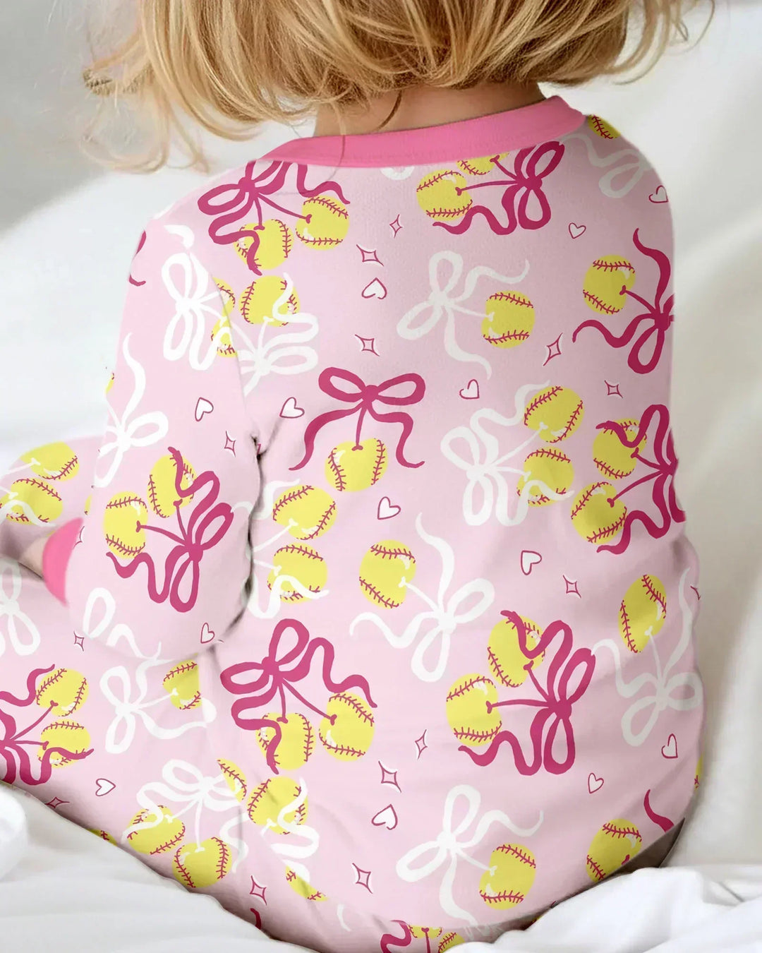 Softball Cherry Mom And Girl Matching Two Piece Long Sleeve Pajama Set