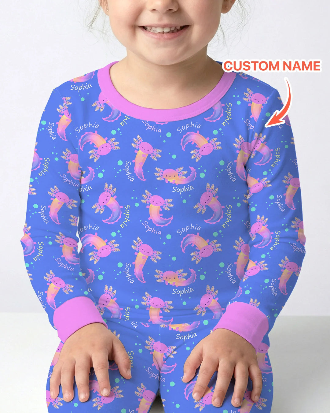 Pijama de dos piezas de manga larga de bambú con nombre personalizado y diseño de ajolote que brilla en la oscuridad