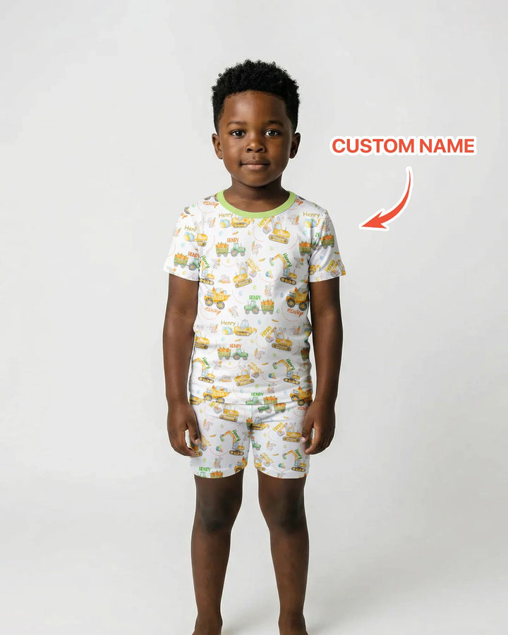 Easter Construction Vehicles Custom Name Two Piece Short Sleeve Shorts Pajama Set