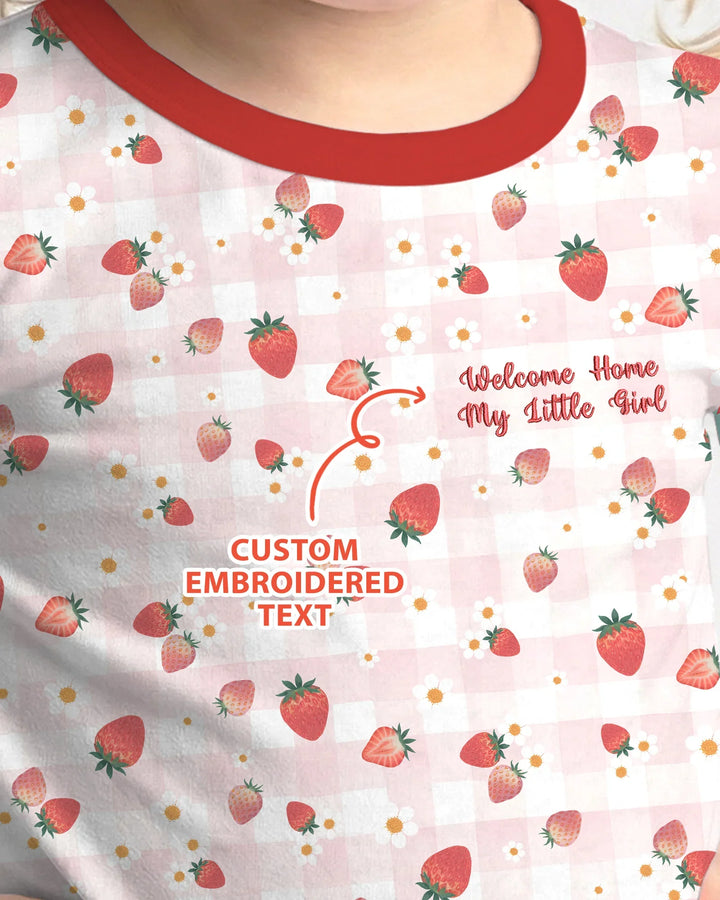 Conjunto de pijama de dos piezas de bambú con bordado de fresas y texto personalizado de manga larga