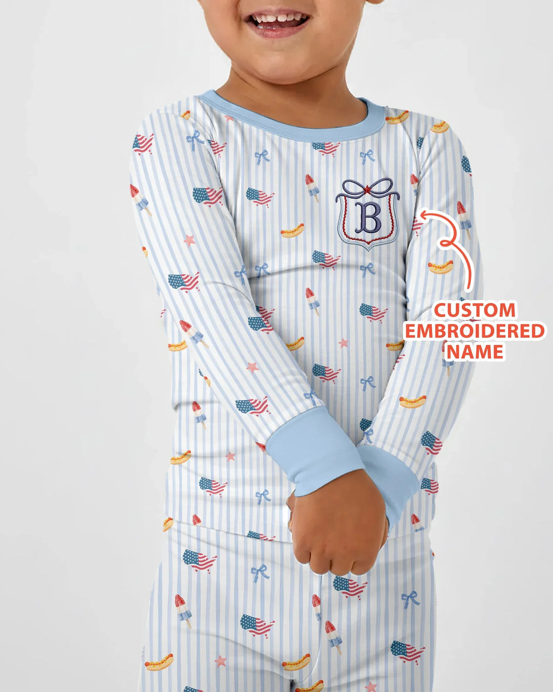 Personalized 4th Of July Embroidered Bamboo Two Piece Long Sleeve Pajama Set