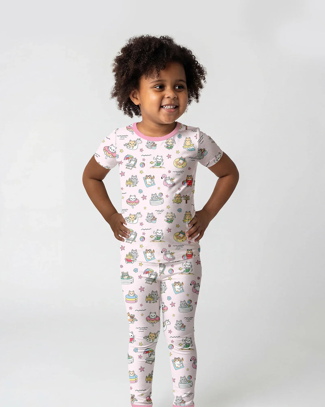 Kawaii Cats Summer Vacation Bamboo Two Piece Short Sleeve Pajama Set
