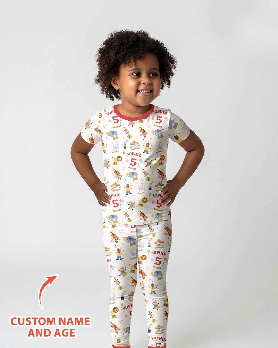 Custom Name Birthday Circus Bamboo Two Piece Short Sleeve Pajama Set