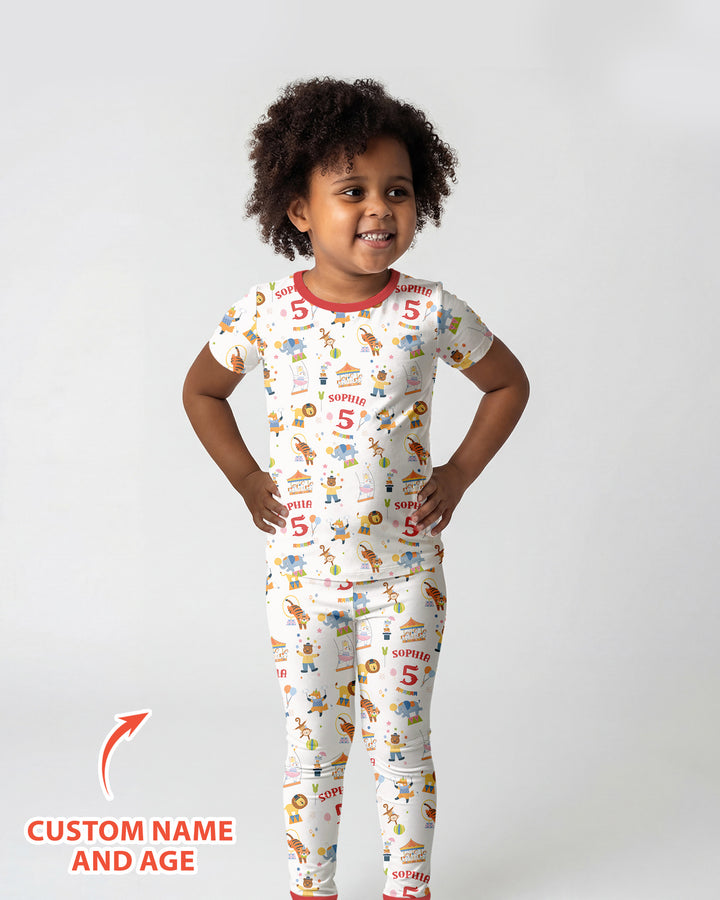 Custom Name Birthday Circus Bamboo Two Piece Short Sleeve Pajama Set