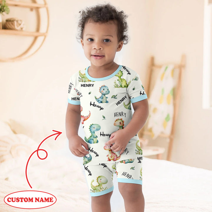 Dinosaur Custom Name Two Piece Short Sleeve Shorts Pajama Set