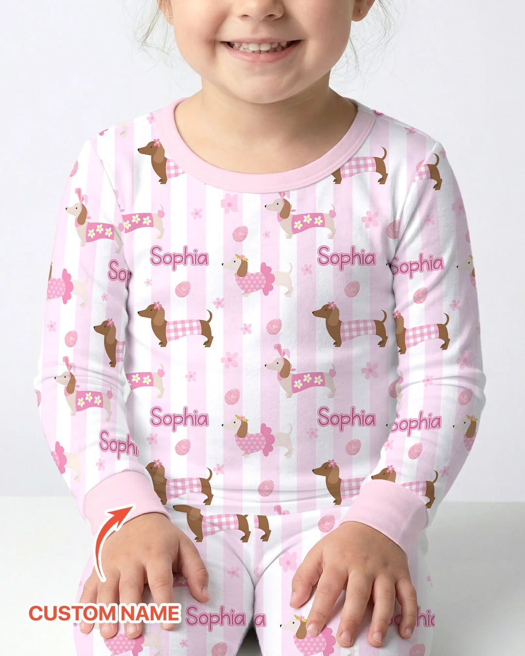 Custom Name Easter Dachshunds Family Matching Two Piece Long Sleeve Pajama Set
