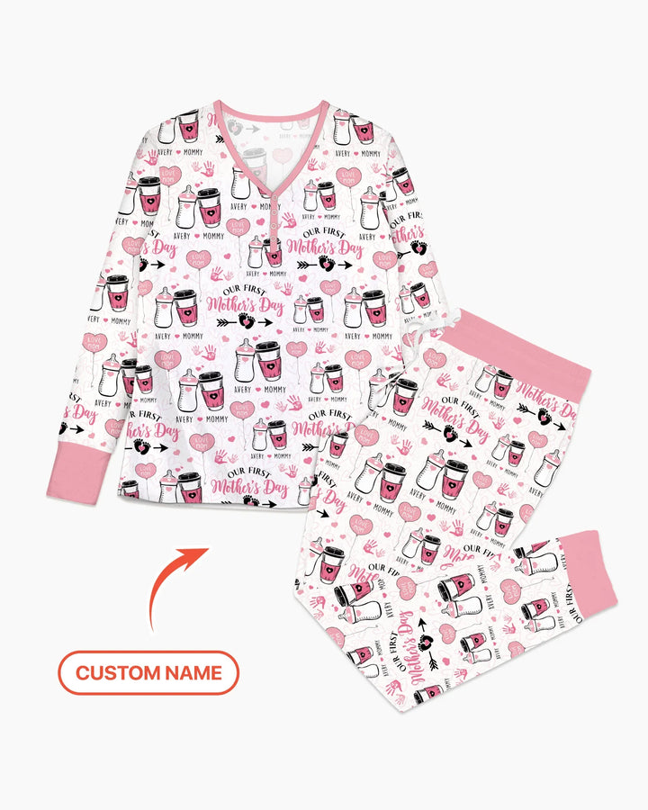 Custom Name First Mother's Day Drink Bamboo Women Pajama Set