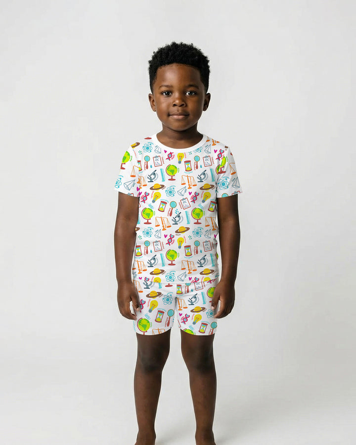 Tiny Scientist Explores The World Bamboo Two Piece Short Sleeve Shorts Pajama Set
