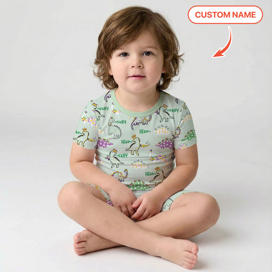 Custom Name Mardi Gras Saurus Two Piece Short Sleeve Shorts Pajama Set