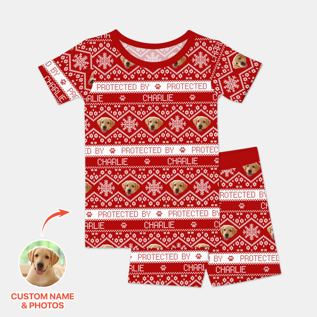 Custom Dog Photo Fair Isle Christmas Two Piece Short Sleeve Shorts Pajama Set