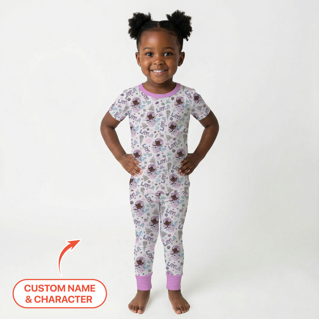 Custom Name Doodle Little Mermaid Two Piece Short Sleeve Pajama Set