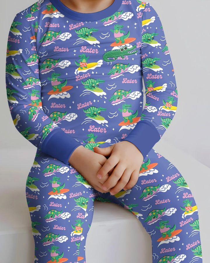 Conjunto de pijama de dos piezas de bambú de manga larga con cocodrilo bordado para verano