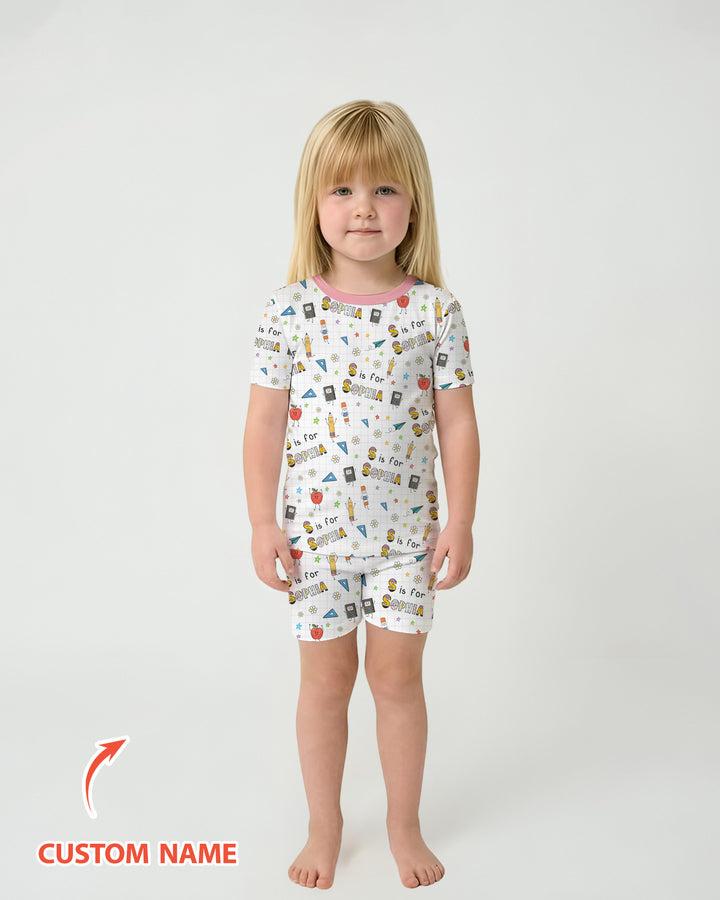 Personalized Back To School Bamboo Two Piece Short Sleeve Shorts Pajama Set