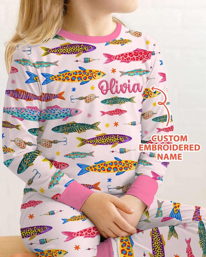 Pijama de dos piezas de bambú de manga larga con bordado de nombre personalizado de peces de colores