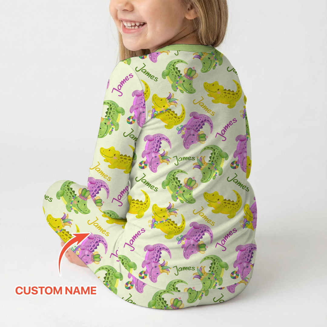 Custom Name Mardi Gras Alligator Two Piece Long Sleeve Pajama Set