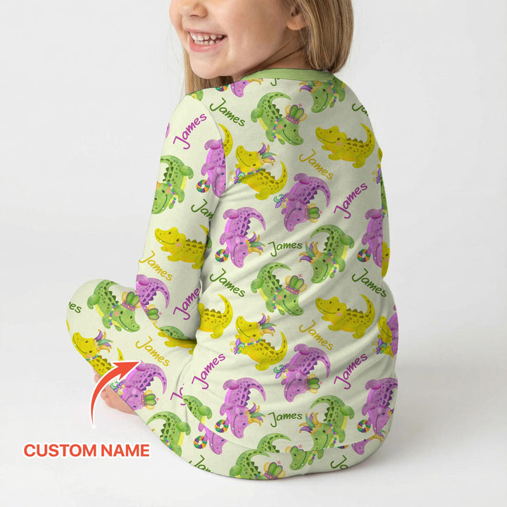Custom Name Mardi Gras Alligator Two Piece Long Sleeve Pajama Set