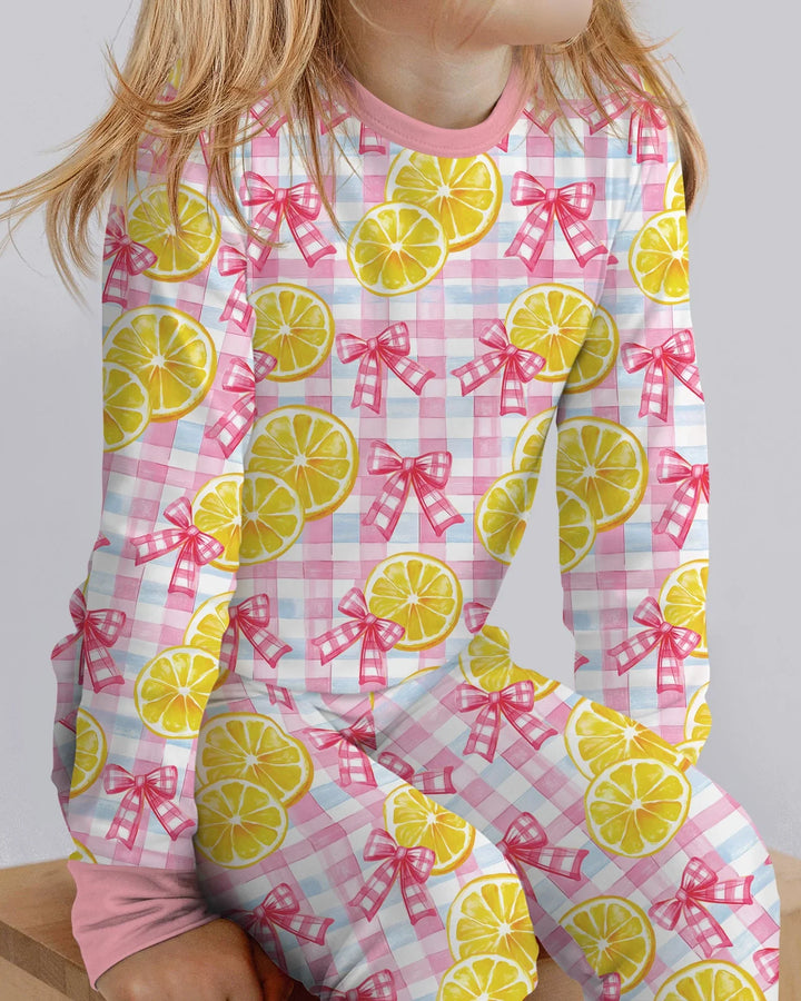Pink Lemons Bows Checkered Bamboo Two Piece Long Sleeve Pajama Set