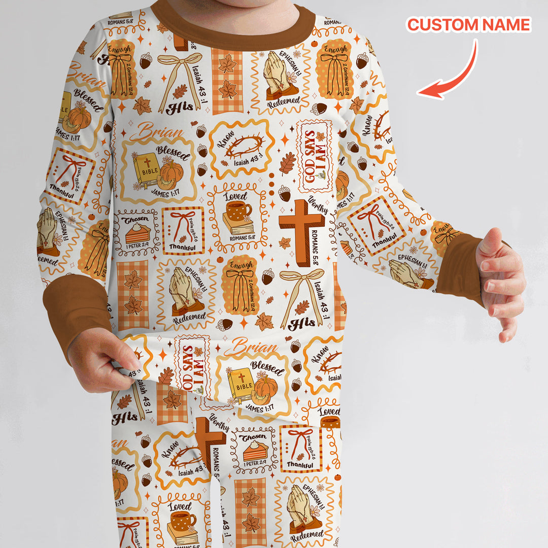 Custom Name I Am Thankful For Jesus Two Piece Long Sleeve Pajama Set , Custom Name I Am Thankful For Jesus Two Piece Long Sleeve Pajama Set - 12-18M