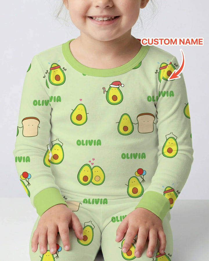 Custom Name Cute Avocado Two Piece Long Sleeve Pajama Set