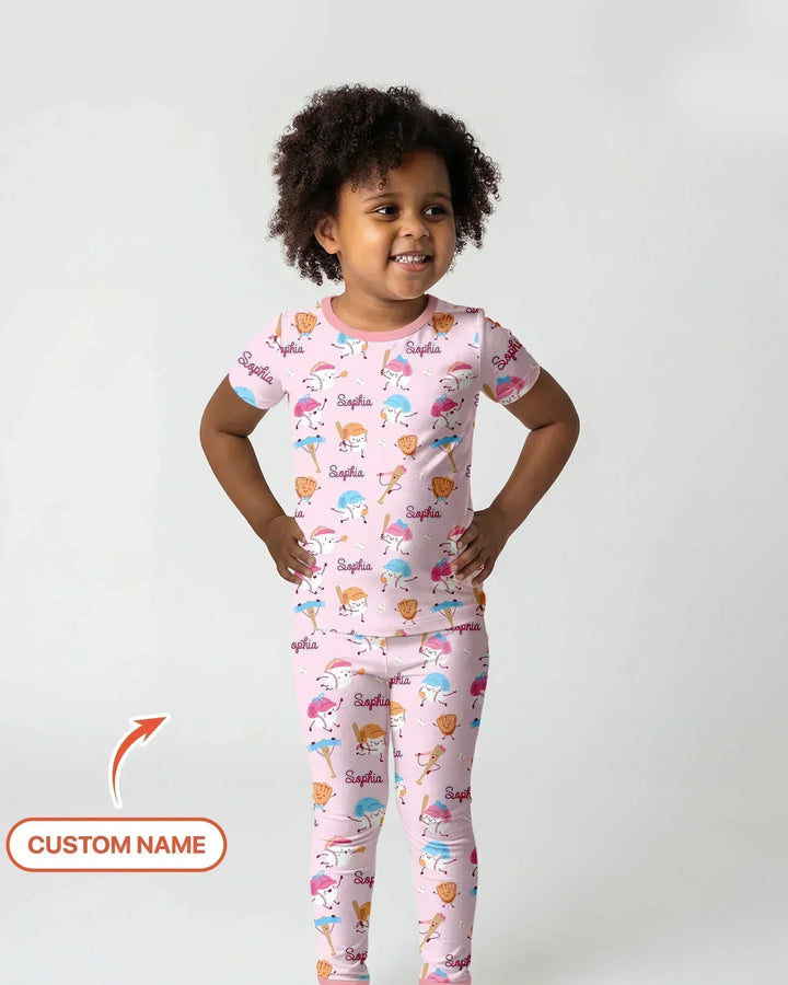 Custom Name Ballparl Family Matching Bamboo Two Piece Short Sleeve Pajama Set