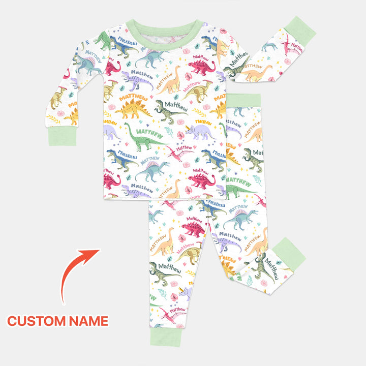 Dino Roar Custom Name Two Piece Long Sleeve Pajama Set