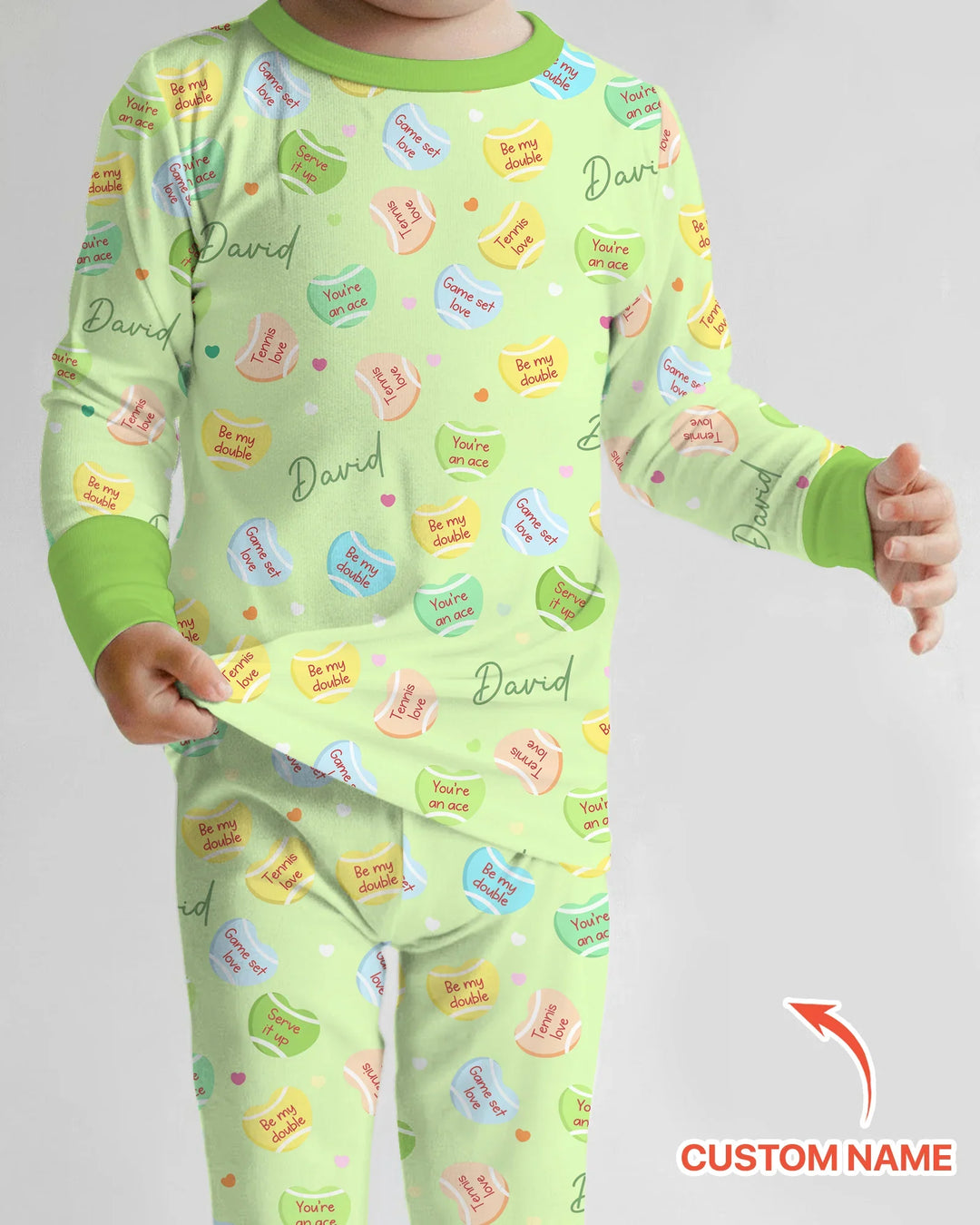 Custom Name Tennis Candy Hearts Bamboo Two Piece Long Sleeve Pajama Set